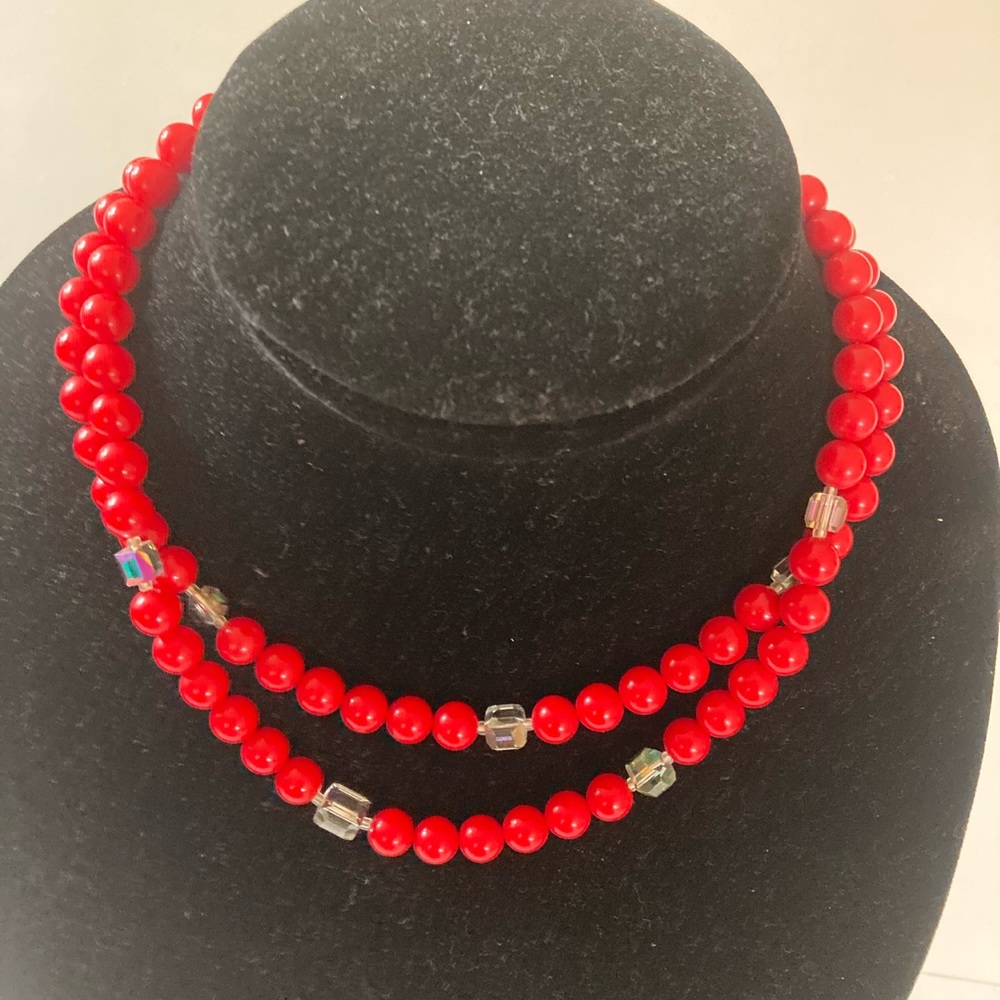 Vintage  2 strand red plastic/Aurora beaded choker